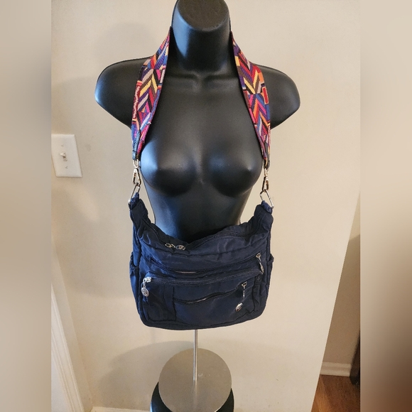 BB - Stylish Navy Blue Shoulder Bag with Multicolor Strap - Picture 1 of 7